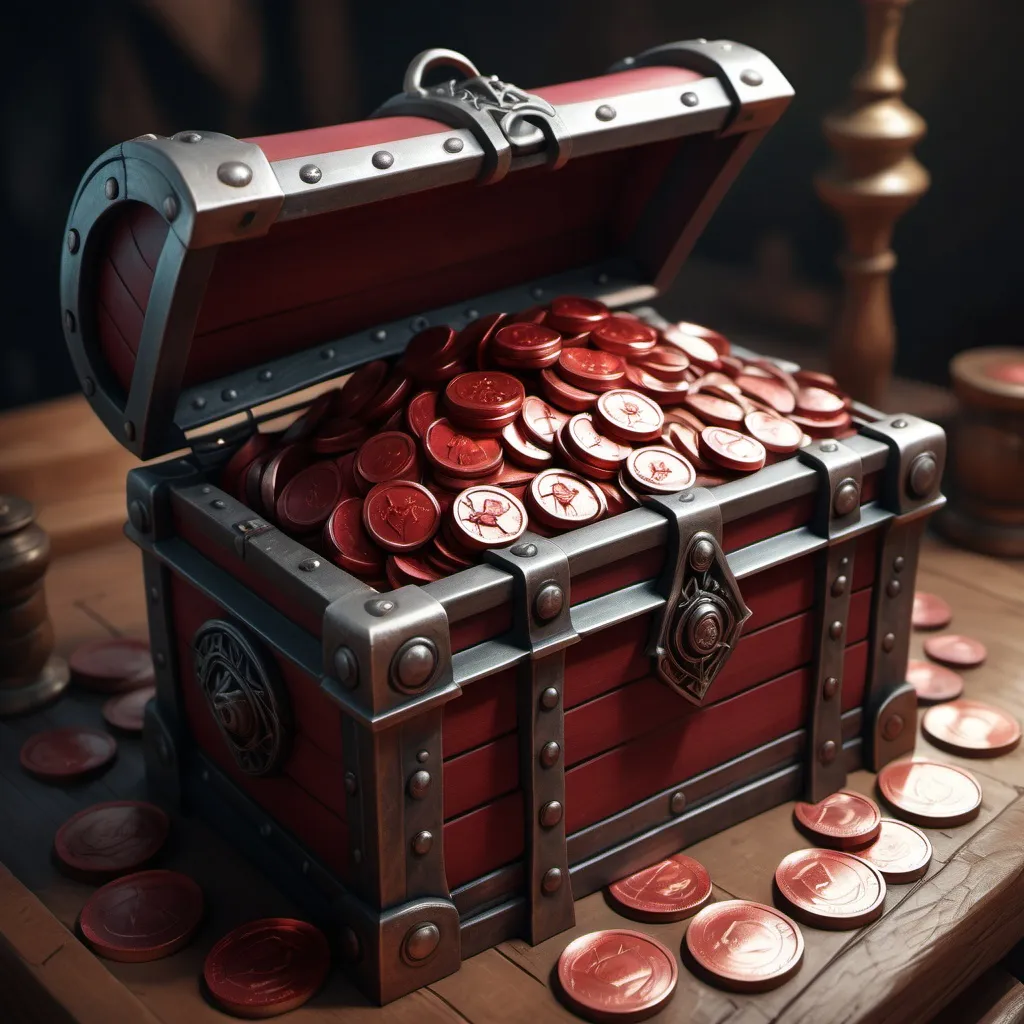 Prompt: hyper-realistic  chest full of deep red  coins,  fantasy character art, illustration, dnd, warm tone