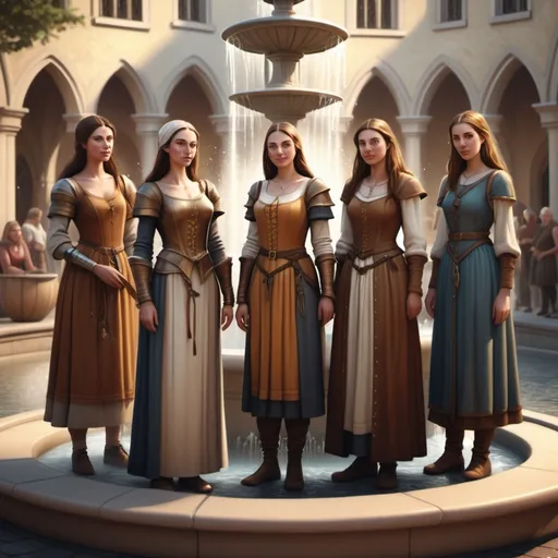 Prompt: hyper-realistic Group of medieval commoners, Women standing in front of a fountain, fantasy character art, illustration, dnd, warm tone