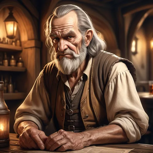 Prompt: hyper-realistic old tavern worn story teller, man in his late 60's fantasy character art, illustration, dnd, warm tone