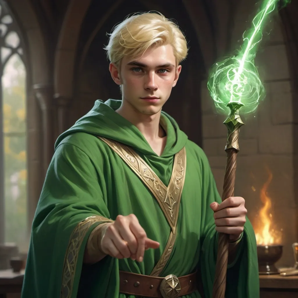 Prompt: hyper-realistic human wizard in his early 20's. Green robes with a power staff. Short blonde hair no beard, fantasy character art, illustration, dnd, warm tone