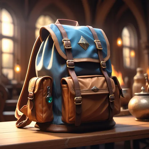 Prompt: hyper-realistic, backpack of magical powers and holding, sitting on a table, fantasy character art, illustration, dnd, warm tone