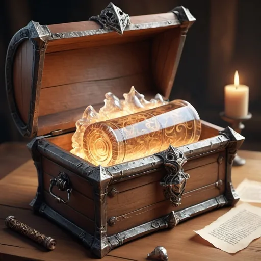 Prompt: hyper-realistic glass chest full of a cursed scroll, fantasy character art, illustration, dnd, warm tone