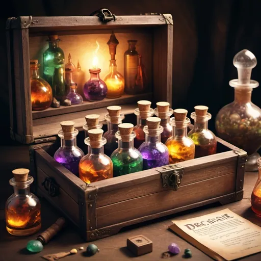 Prompt: hyper-realistic potion box withassortedpotions, fantasy character art, illustration, dnd, warm tone