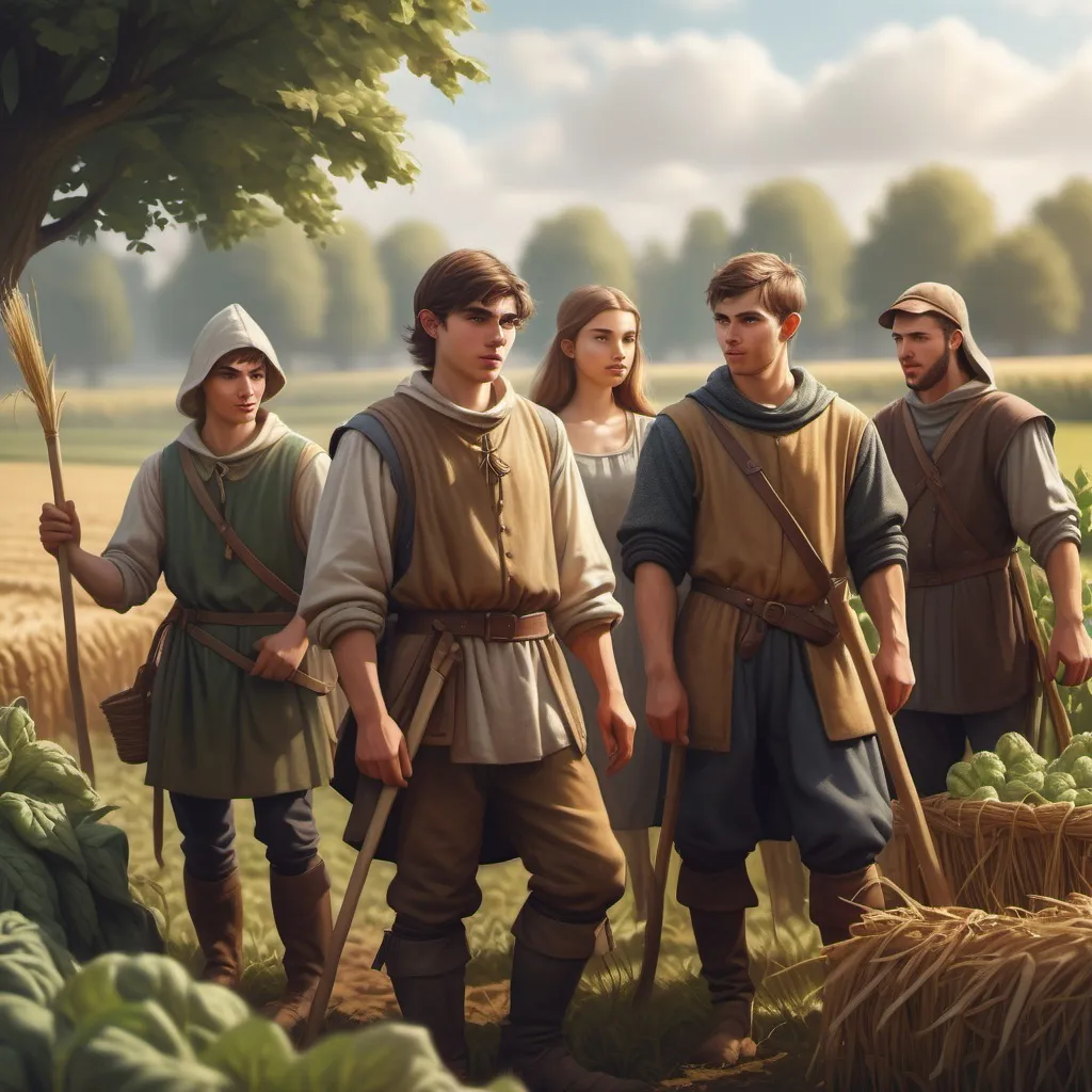 Prompt: hyper-realistic group of young medieval farmers working a field, fantasy character art, illustration, dnd, warm tone