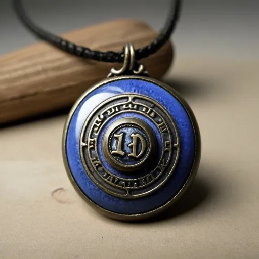 Prompt: Hyper-realistic old world blue talisman necklace inscribed with “1D6” re-roll slider wheel