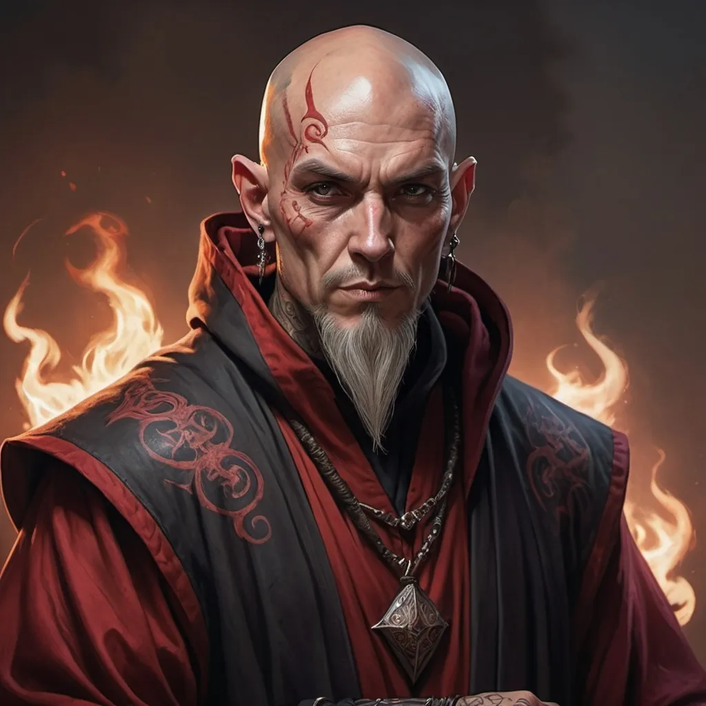 Prompt: hyper-realistic dark wizard, no beard, a bald head, Lots of tattoos, tattoos on his face and head, black and red robes, large powerful staff, fantasy character art, illustration, dnd, warm tone