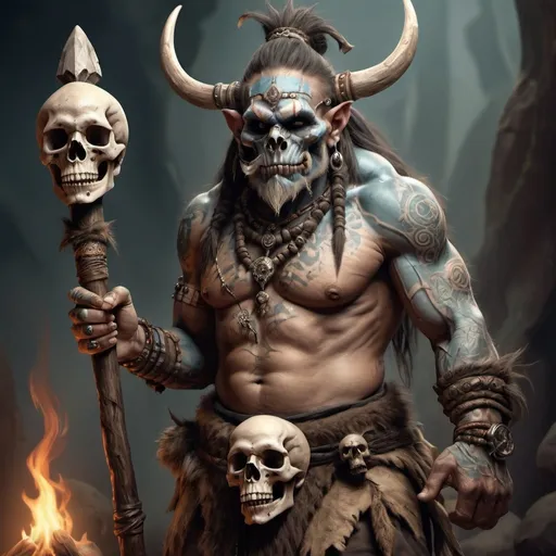 Prompt: hyper-realistic troll shaman, lots of tattoos,  skulls on his waist, and a skull at the top of his staff, fantasy character art, illustration, dnd, warm tone