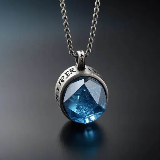 Prompt: Hyper-realistic blue crystal talisman necklace inscribed with “+1D6” re-roll slider wheel