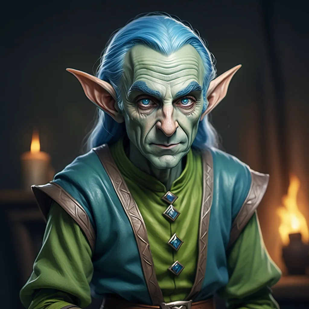 Prompt: hyper-realistic small blue skined older elf with an evil mischievous look and green clothes, full body image fantasy character art, illustration, dnd, warm tone