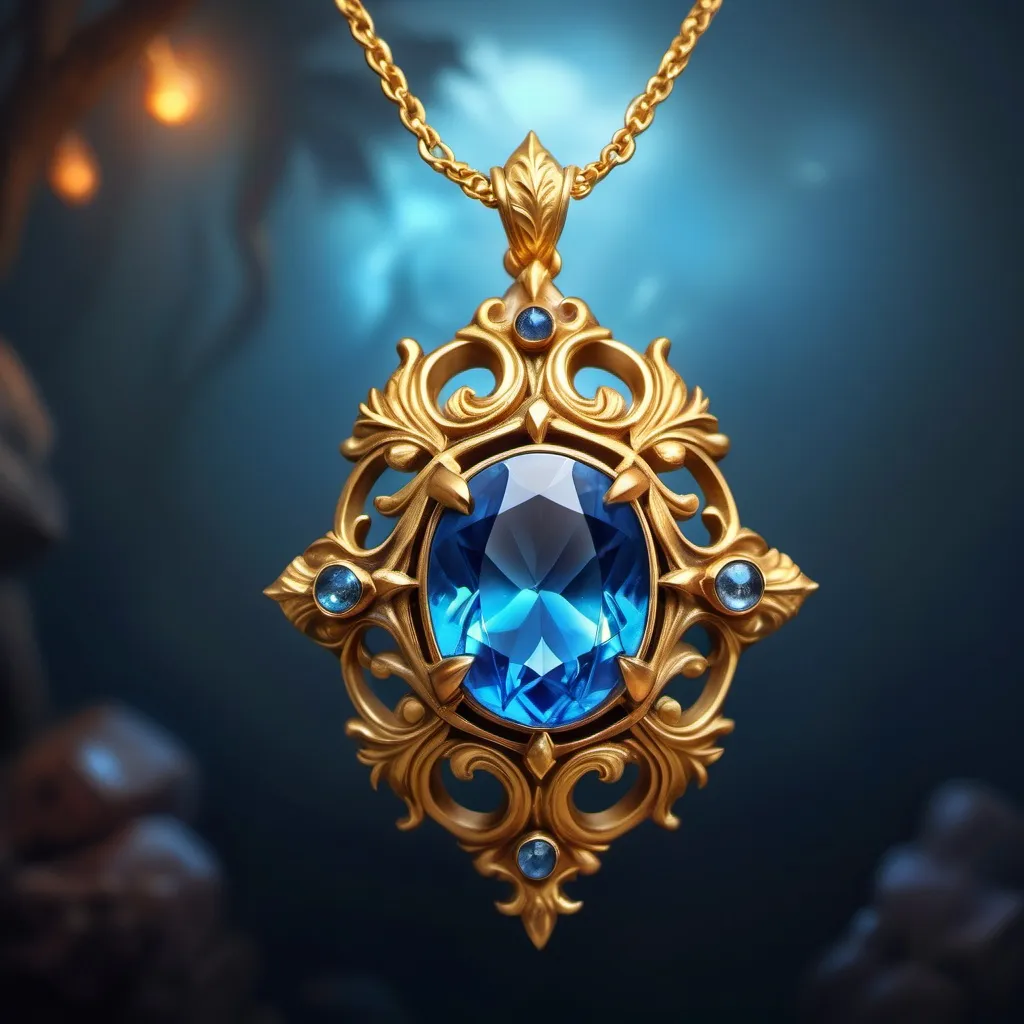 Prompt: hyper-realistic gold necklace pendant, enchanted blue lighting gemstone, fantasy character art, illustration, dnd, warm tone