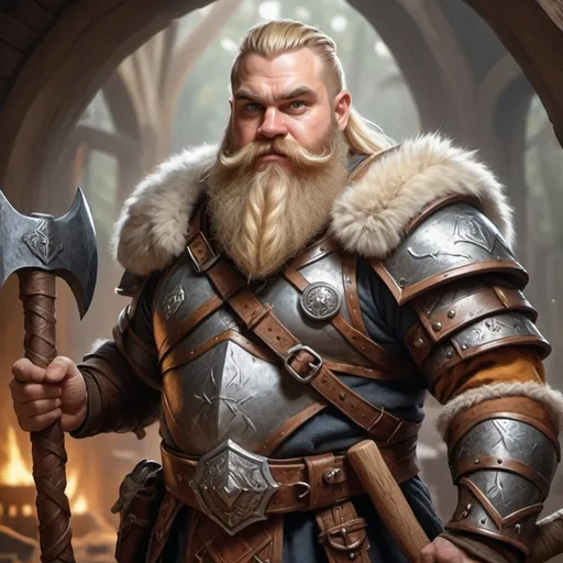 Prompt: hyper-realistic human dwarf about 30 years old, blonde braided beard, holding a huge axe, fancy armor, fantasy character art, illustration, dnd, warm tone