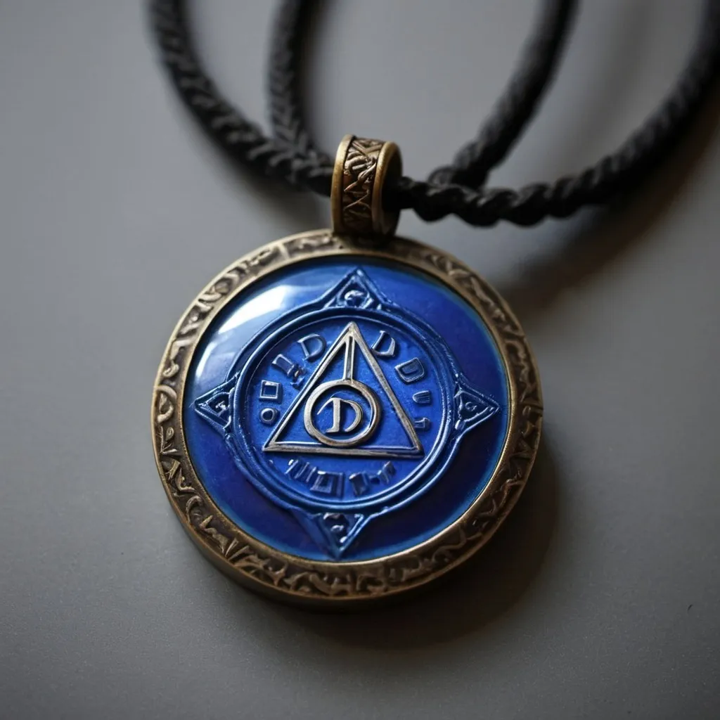 Prompt: Hyper-realistic blue talisman necklace inscribed with +1D6