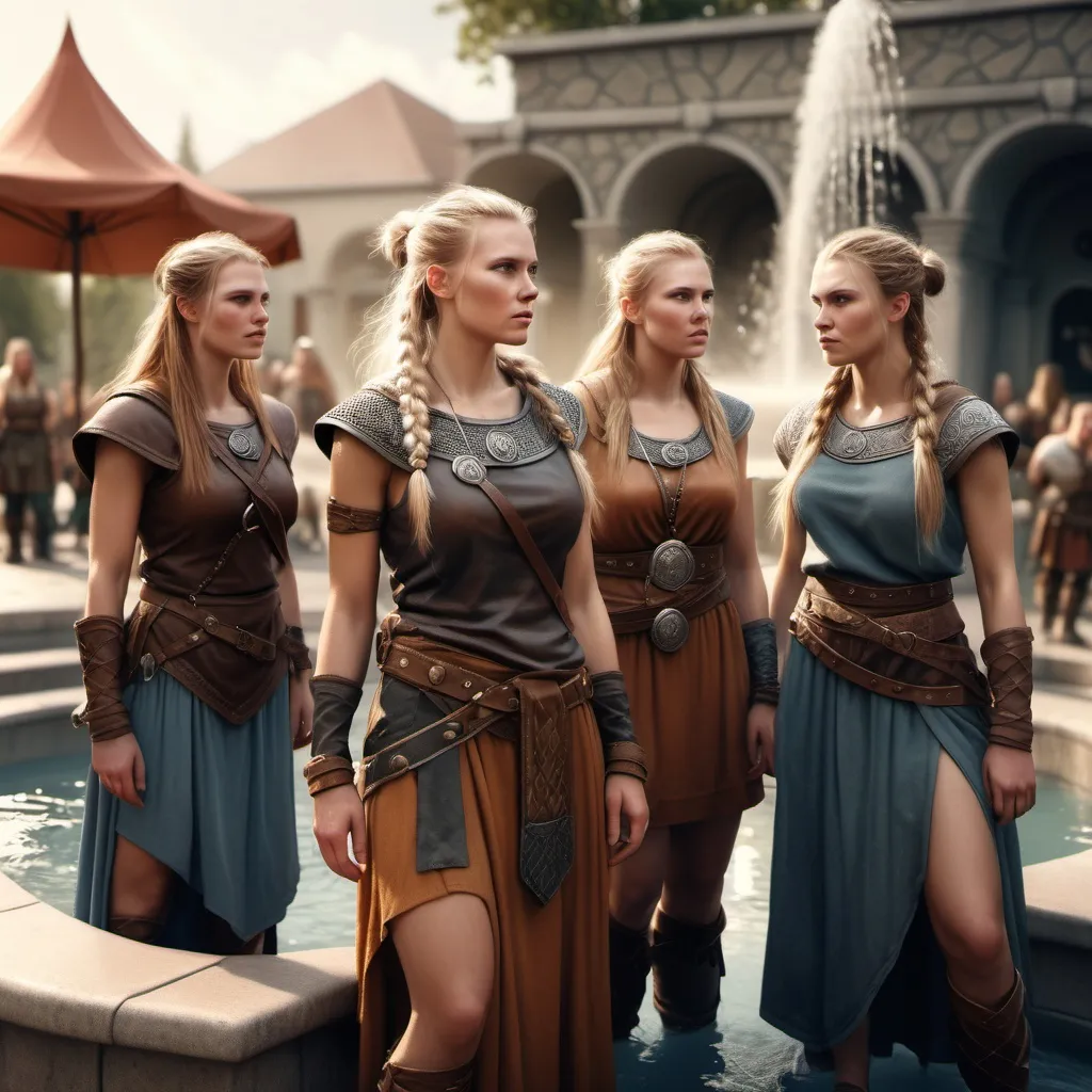 Prompt: hyper-realistic  Group of Viking women near a fountain, fantasy character art, illustration, dnd, warm tone