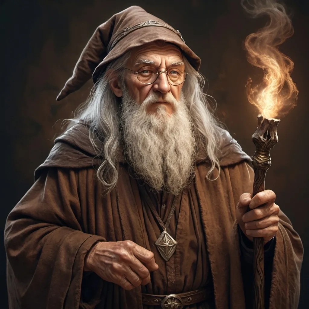 Prompt: hyper-realistic old wizard with worn brown robes, old powerful staff, fantasy character art, illustration, dnd, warm tone