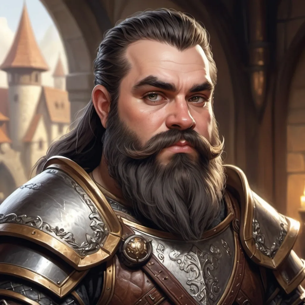 Prompt: hyper-realistic human dwarf prince, human ears, black beard, fancy armor, fantasy character art, illustration, dnd, warm tone