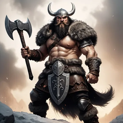 Prompt: hyper-realistic huge black haired viking warrior, bearskin armor holding a massive 2 handed battle axe fantasy character art, illustration, dnd, warm tone