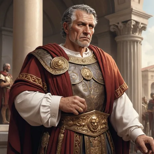 Prompt: Hyper-realistic roman statesman, fancy business clothing in his late 50's fantasy character art, illustration, dnd, warm tone