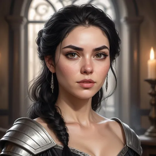 Prompt: hyper-realistic woman with black hair that has a streak of silver over her brow wearinga reagal dress, fantasy character art, illustration, dnd, warm tone