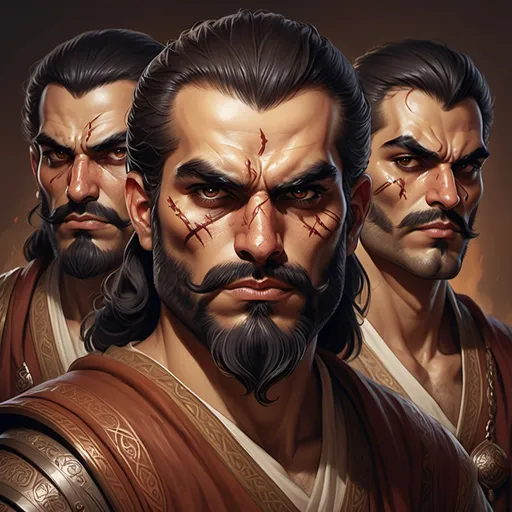 Prompt: hyper-realistic  several evil looking Persian men with scars on their cheeks,  fantasy character art, illustration, dnd, warm tone