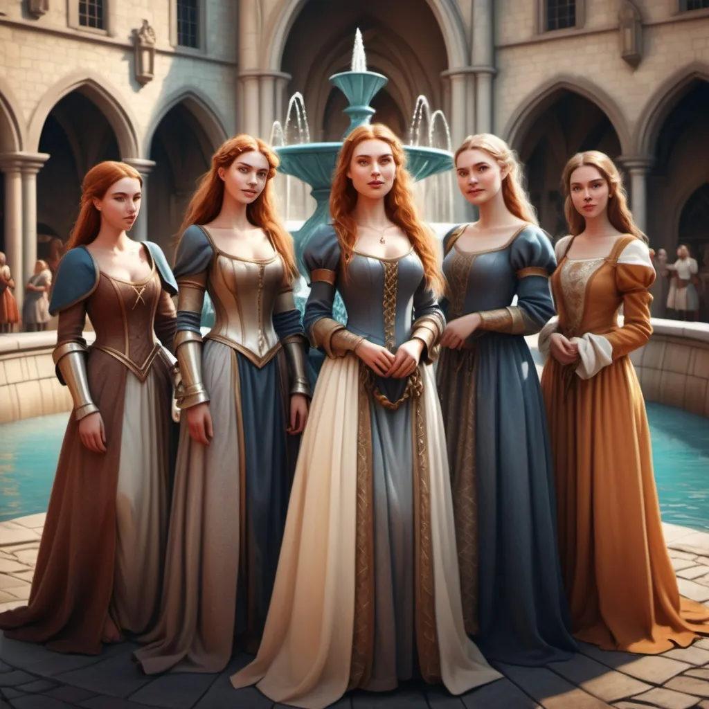 Prompt: hyper-realistic group of medieval womenin fancy dresses in frontof a fountain, fantasy character art, illustration, dnd, warm tone