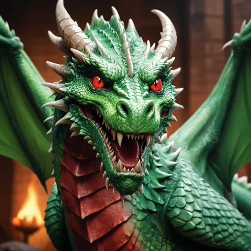 Prompt: hyper-realistic green dragon with red eyes fantasy character art, illustration, dnd, warm tone