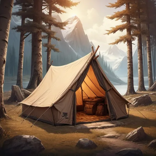 Prompt: hyper-realistic kanvas and fur camping tent for a group with wooden poles, fantasy character art, illustration, dnd, warm tone