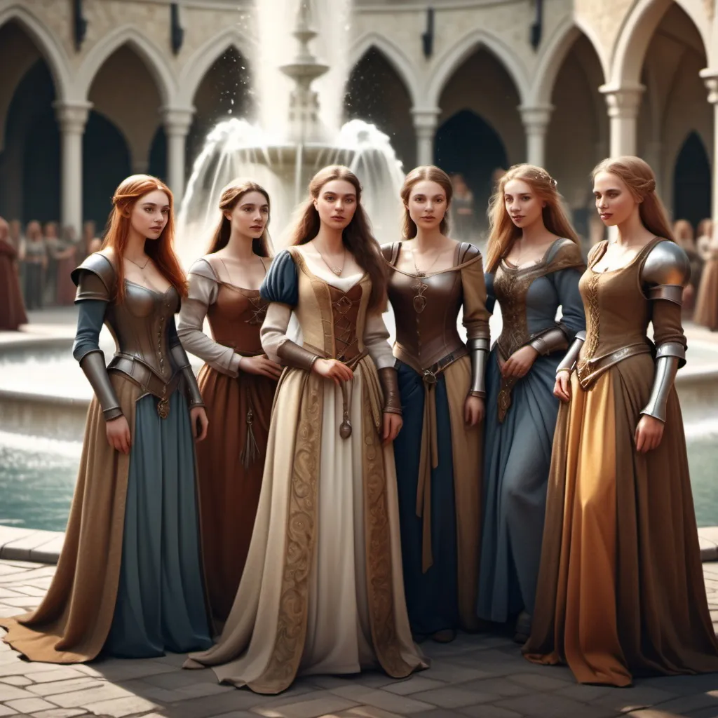 Prompt: hyper-realistic group of medieval womenin fancy dresses in frontof a fountain, fantasy character art, illustration, dnd, warm tone