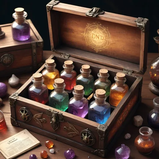 Prompt: hyper-realistic potion box withassortedpotions, fantasy character art, illustration, dnd, warm tone