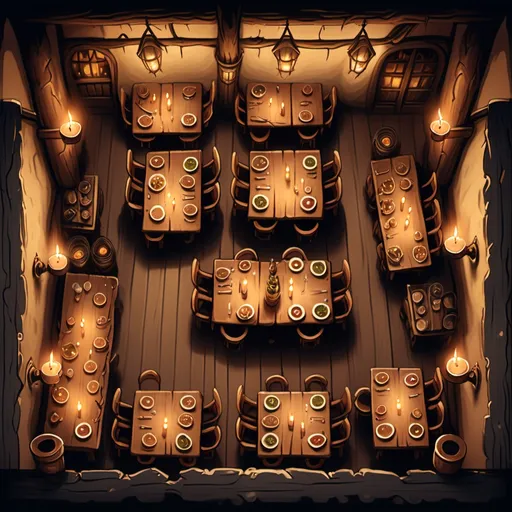 Prompt: hyper-realistic top down view of a Tavern with  several long tables, a bar, and lots of lit candles, fantasy character art, illustration, dnd, warm tone