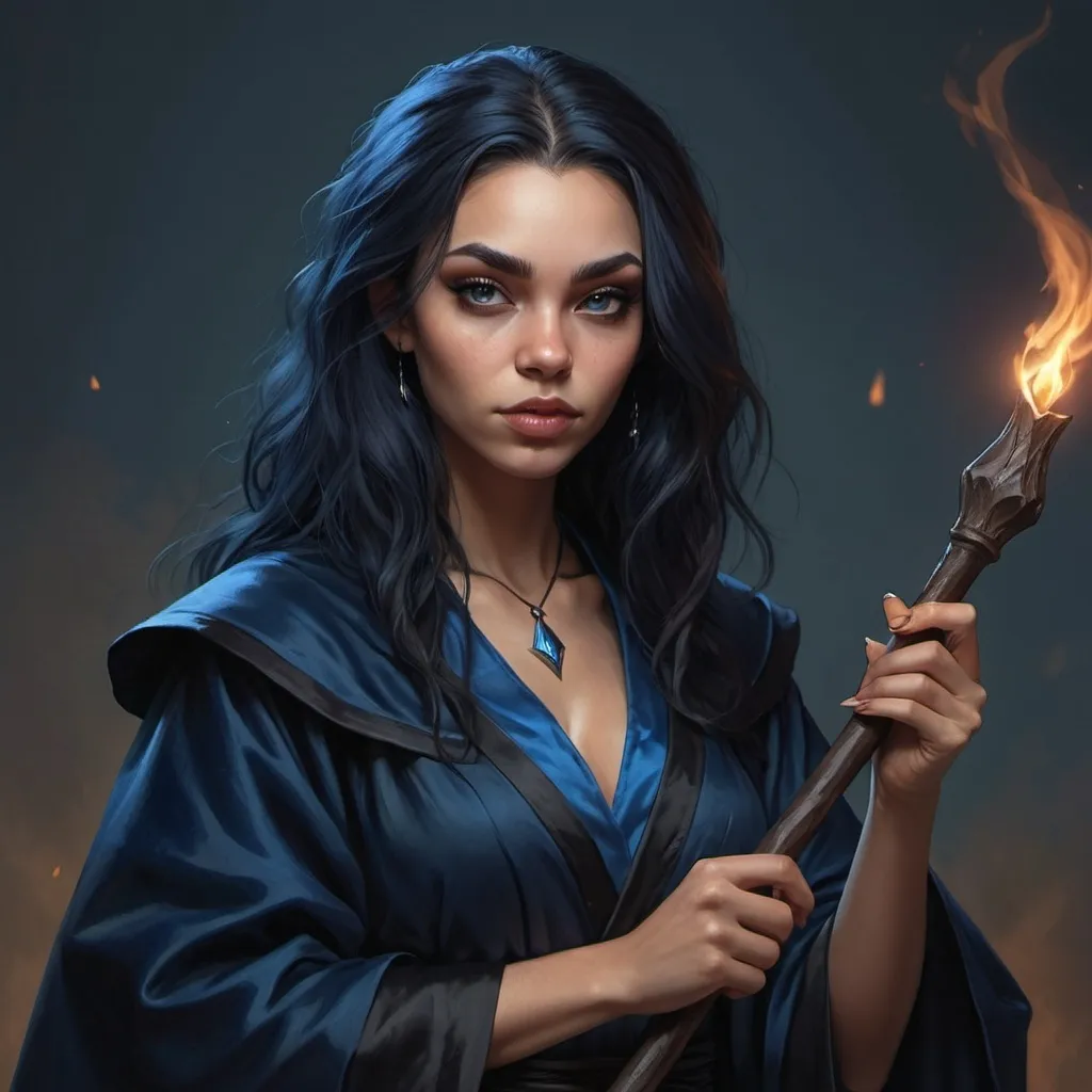 Prompt: hyper-realistic dark witch in her 20's. Black and blue robes.  Light skin, Powerful dark staff illustration, dnd, warm tone