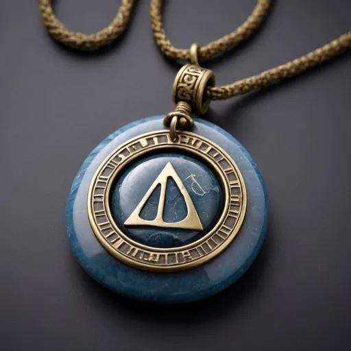 Prompt: Hyper-realistic old world blue stone talisman necklace with an hourglass and inscribed with “1D6” 