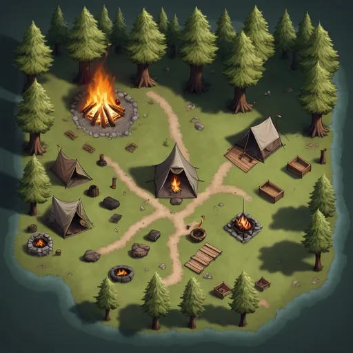 Prompt: A top-down map of a forest campsite with multipletents and a large firepit, 2d dnd battlemap, highly details, 8k