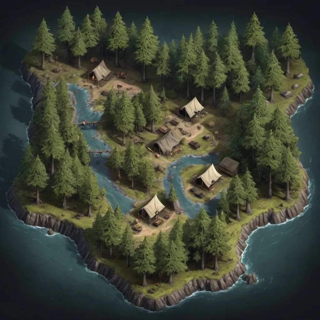 Prompt: Map of a Hyper-realistic mid-evil dense forest camp 