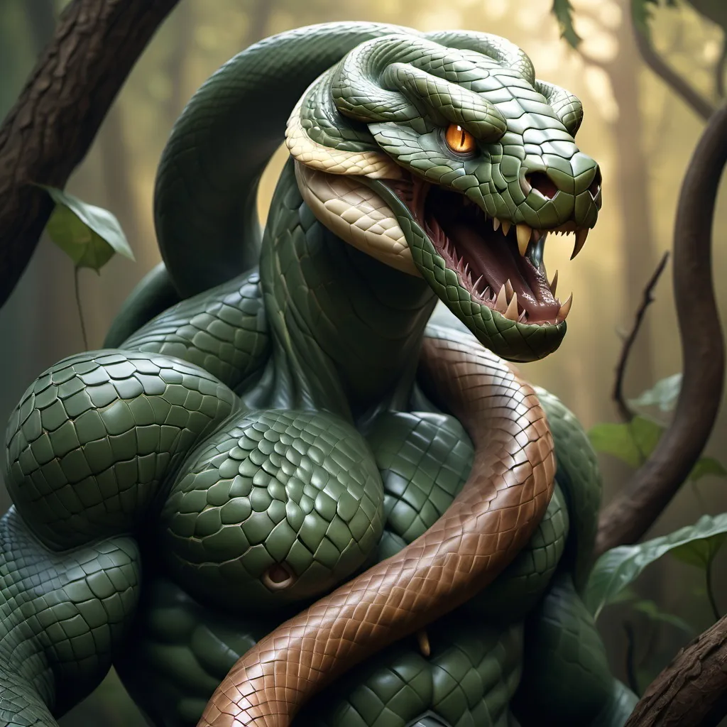 Prompt: hyper-realistic  Snake man, God of the earth and nature,  fantasy character art, illustration, dnd, warm tone