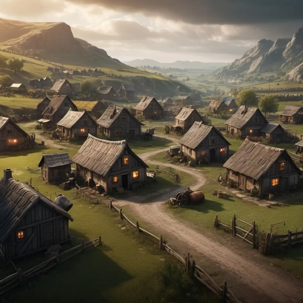 Prompt: small settlement, farms and homes dramatic fantasy settlement scene, cinematic lighting