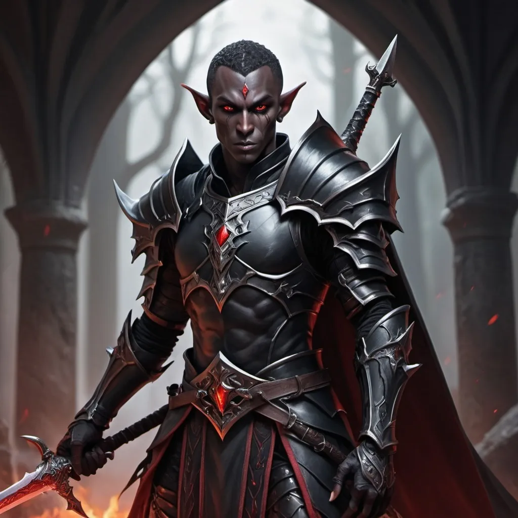 Prompt: hyper-realistic evil black elf, red eyes, dark armor with a power fantasy sword, fantasy character art, illustration, dnd, warm tone