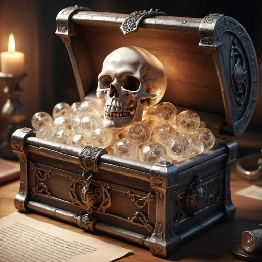 Prompt: hyper-realistic glass chest full of a cursed scroll, fantasy character art, illustration, dnd, warm tone