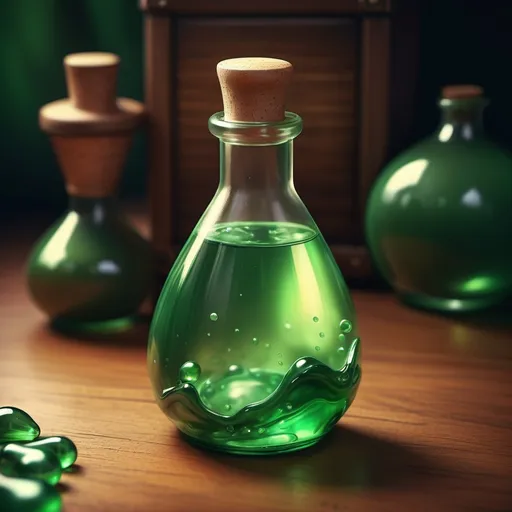 Prompt: hyper-realistic Potion of minor Stamina, tear drop bottle green in color, fantasy character art, illustration, dnd, warm tone