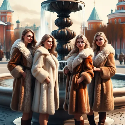 Prompt: hyper-realistic  Group of Russian women in furs near a fountain, fantasy character art, illustration, dnd, warm tone