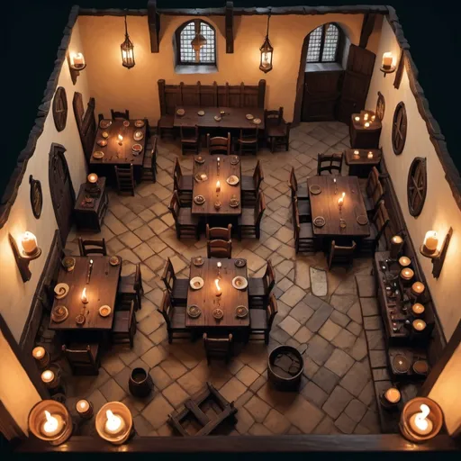 Prompt: Top down view of the interior of a medieval Inn with at least 10 tables and a bar, fantasy art, dnd, candle lighting, nice fireplace 