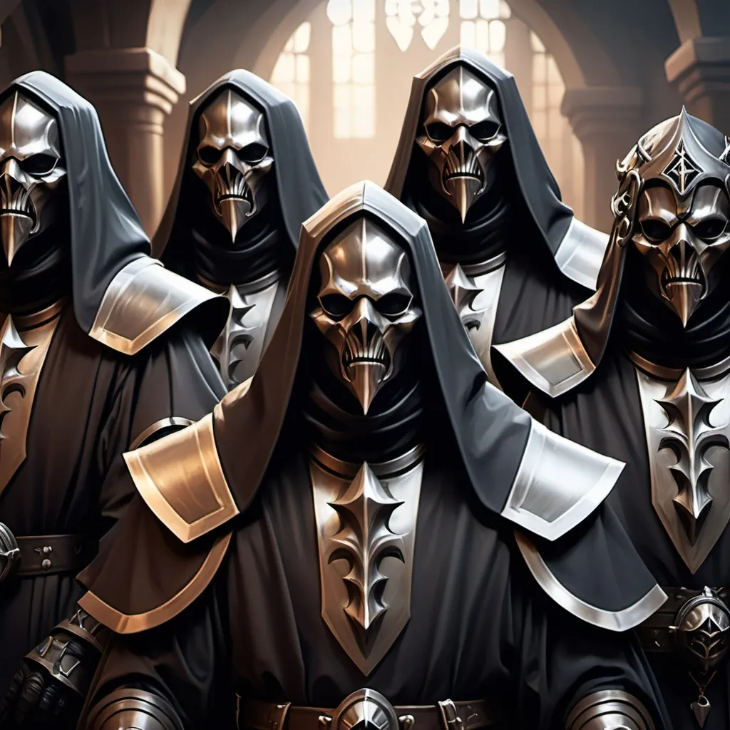 Prompt: hyper-realistic group of Dark Priests that wear steel masks that cover their faces,  fantasy character art, illustration, dnd, warm tone