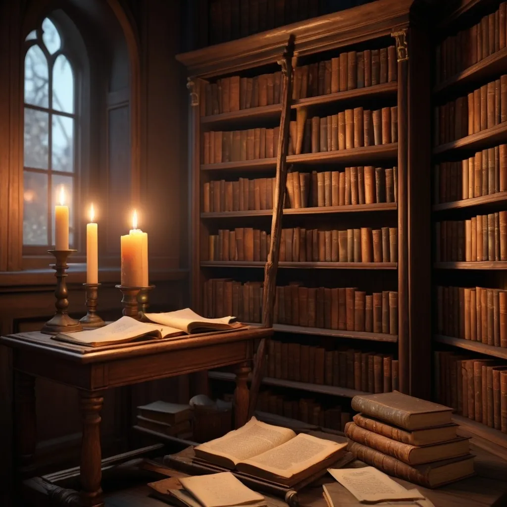 Prompt: An old bookshelf in a candle lit study, old books and scrolls, high quality, unreal engine