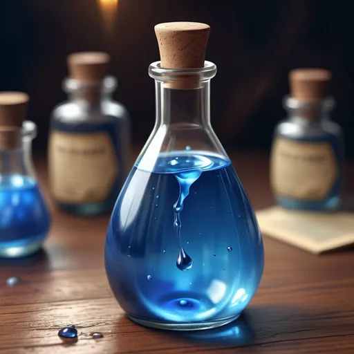 Prompt: hyper-realistic Potion of minor Magic, tear drop bottle blue in color, fantasy character art, illustration, dnd, warm tone