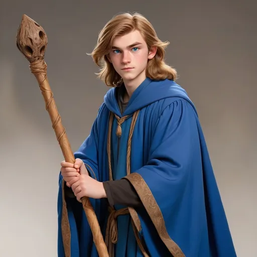 Prompt: 16 to 18 years old wizard with blue robes no beard and light brown hair. He holds a wooden staff.