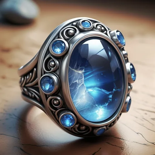 Prompt: hyper-realistic Silver ring of MoonStrike, Blue Gemstones, fantasy character art, illustration, dnd, warm tone