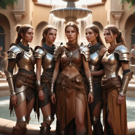 Prompt: hyper-realistic  Group of nomadic women near a fountain, leather armor, fantasy character art, illustration, dnd, warm tone