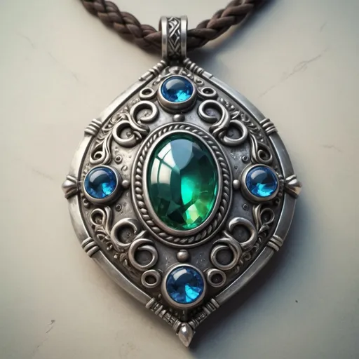 Prompt: hyper-realistic silver amulet with green and blue stones, fantasy character art, illustration, dnd, warm tone