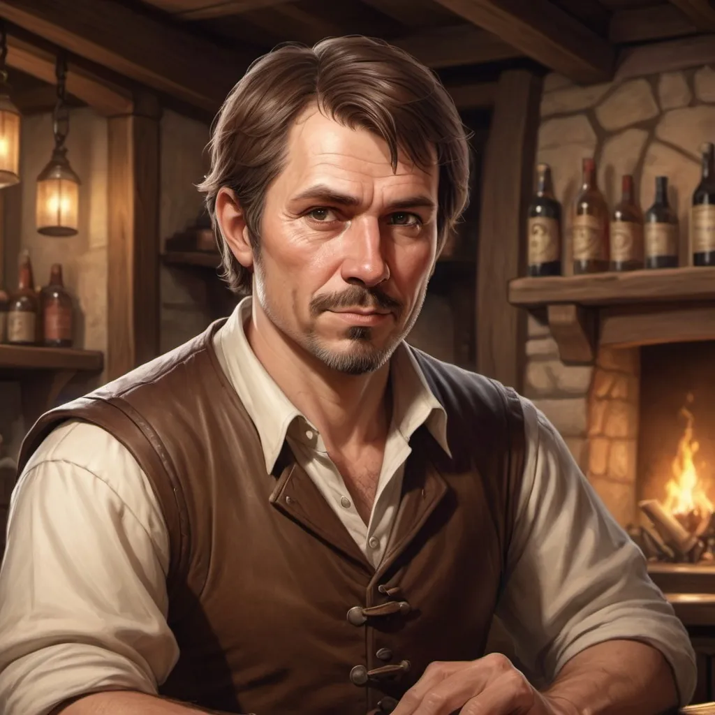 Prompt: hyper-realistic tavern owner, short brown hair, man about 40 years old fantasy character art, illustration, dnd, warm tone