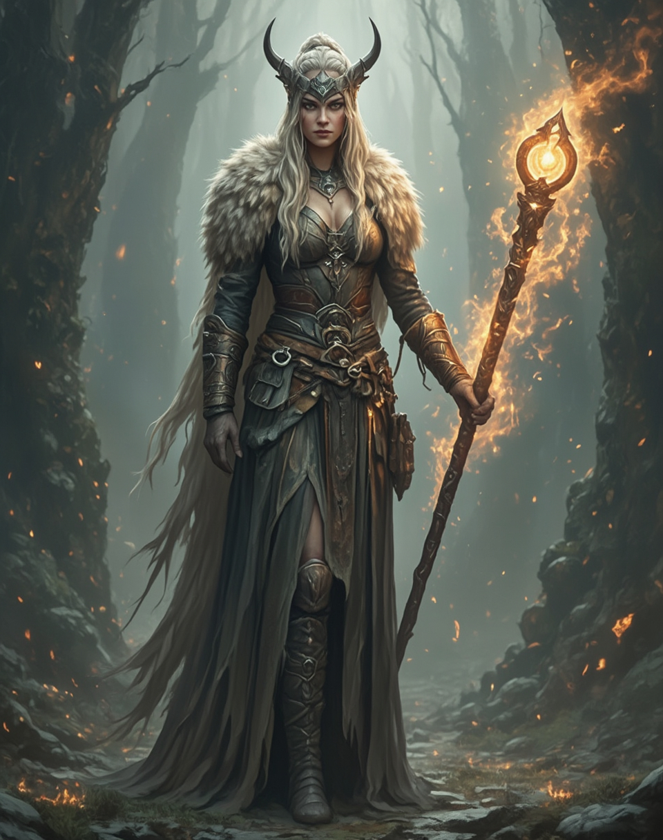 Prompt: full body shot front view of Fantasy art style Tall viking woman, lightly clothed in soft fur magical energy flowing around her. She is holding a magical staff face to viewer, background is a suitable beautiful scene