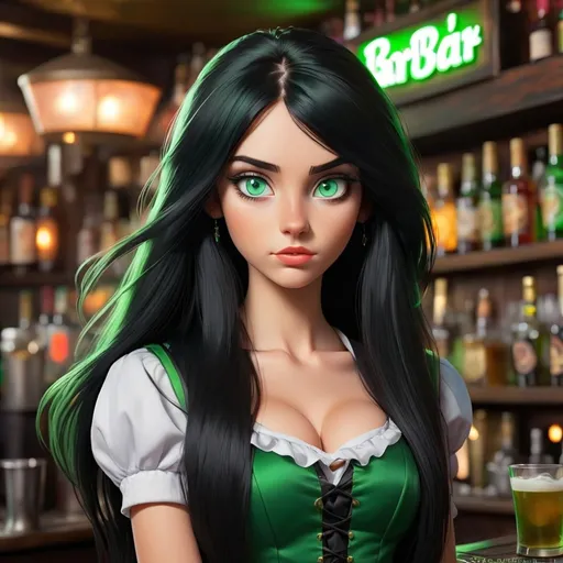 Prompt: 18 year old barmaid with long black hair and green eyes. The scene is a fantasy bar.
